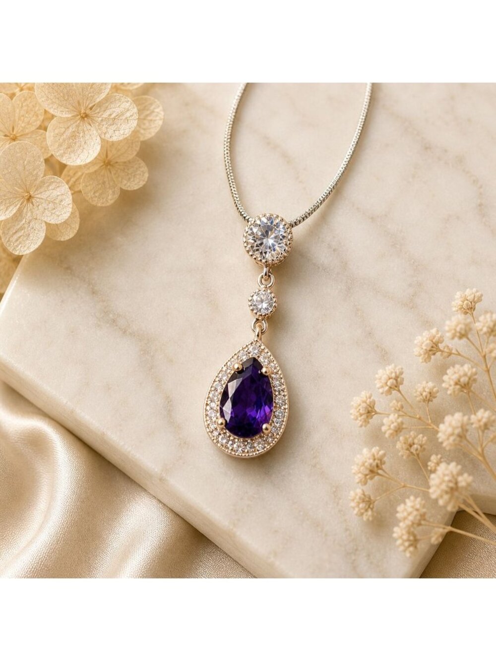 Vintage Purple Teardrop Necklace Sterling Overlay Made‎ with Swarovski Crystal